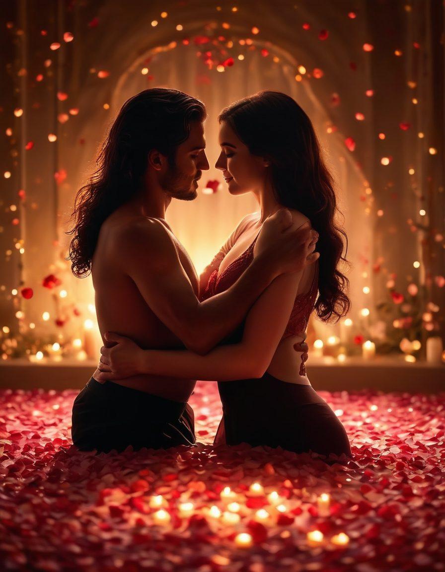 A warm, inviting scene of a couple sharing an intimate moment, surrounded by soft candlelight and delicate rose petals, conveying passion and deep connection. In the background, a heart-shaped bokeh effect adds to the romantic atmosphere, enhancing the feelings of love and desire. The color palette should include rich reds and golds to symbolize passion. super-realistic. vibrant colors.
