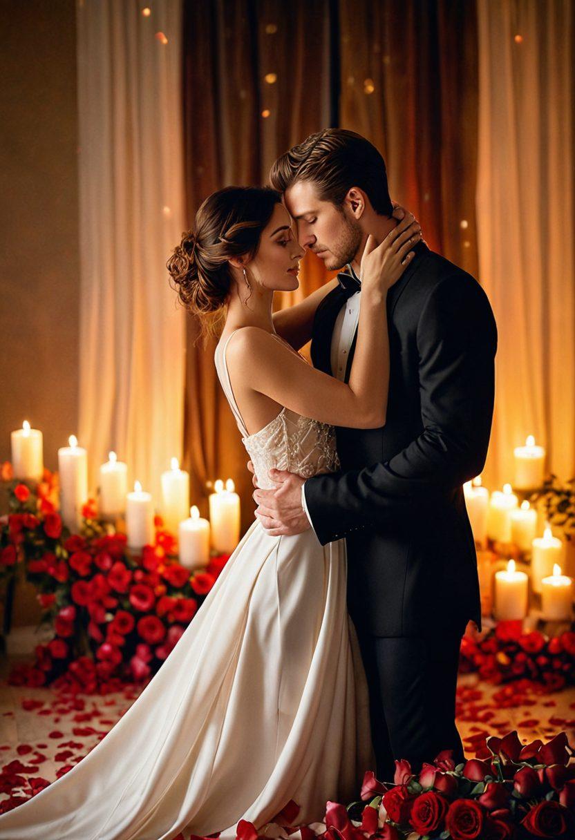 A warm and intimate scene depicting two partners embracing, surrounded by soft, glowing candles and delicate rose petals. Their expressions convey deep connection and passion, with gentle touches illustrating sensuality. The background features subtle hints of a lush and romantic environment, like muted florals or soft drapery. The overall color palette should be rich with reds, pinks, and soft golds to evoke warmth and tenderness. super-realistic. vibrant colors. soft focus.